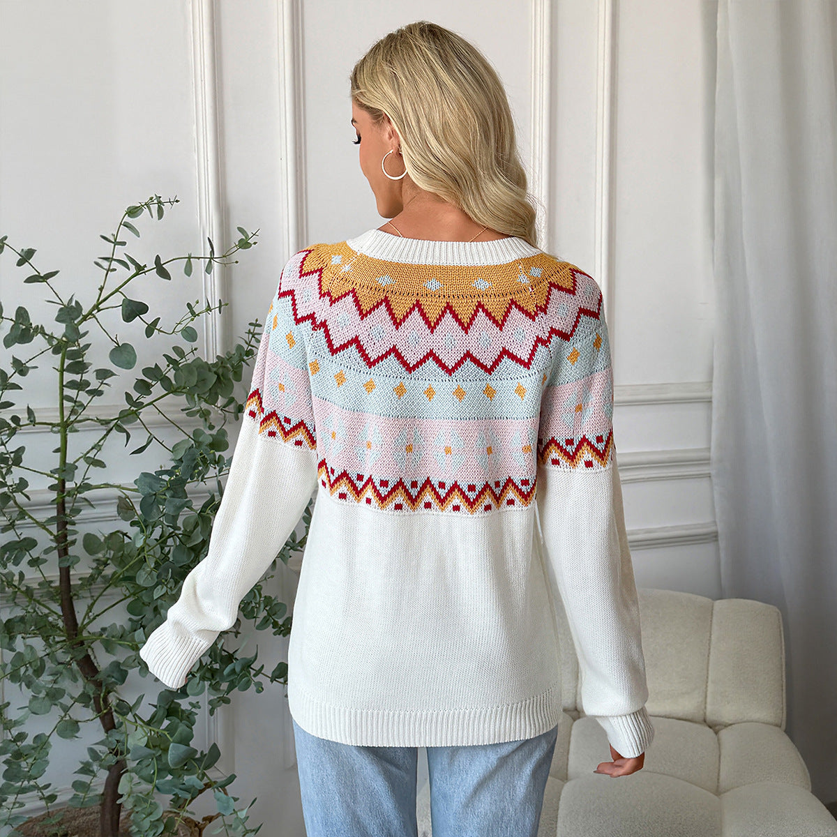 Casual ethnic style knitted sweater loose round neck sweater for women