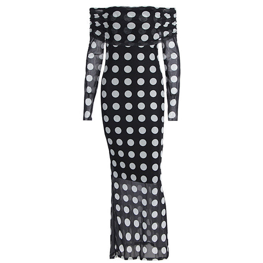 One shoulder long sleeved mesh slim fit polka dot long sleeved dress