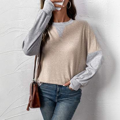 Simple and loose round neck fake two-piece color blocked hoodie for women