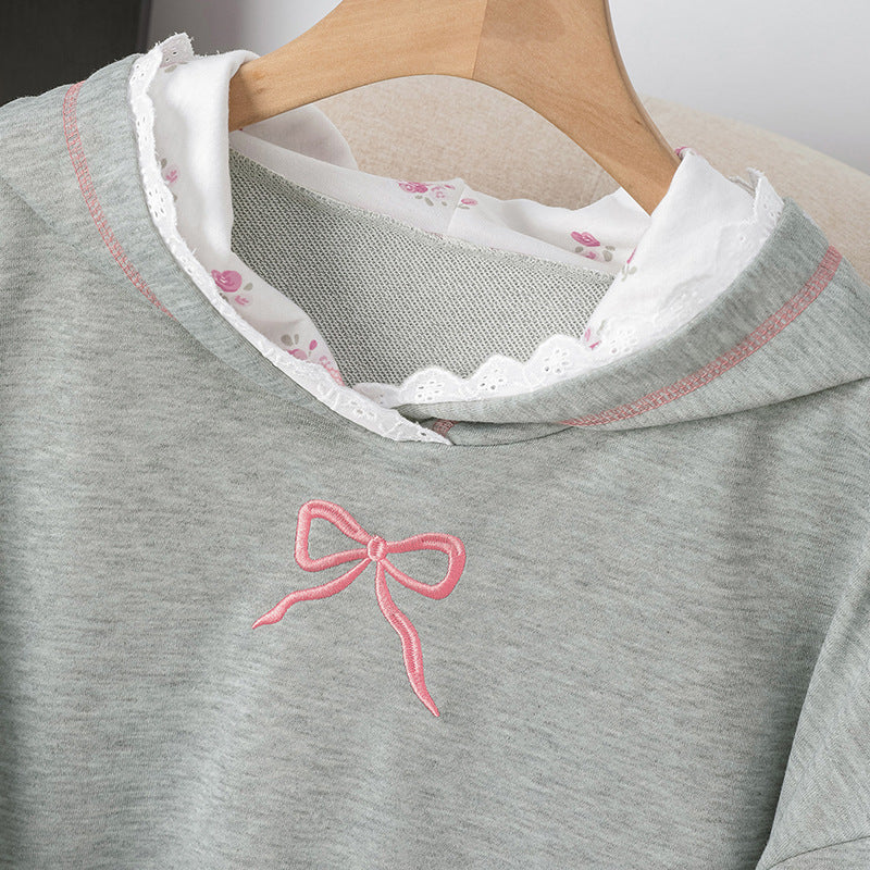 Lace patchwork hooded bow embroidered gray hoodie