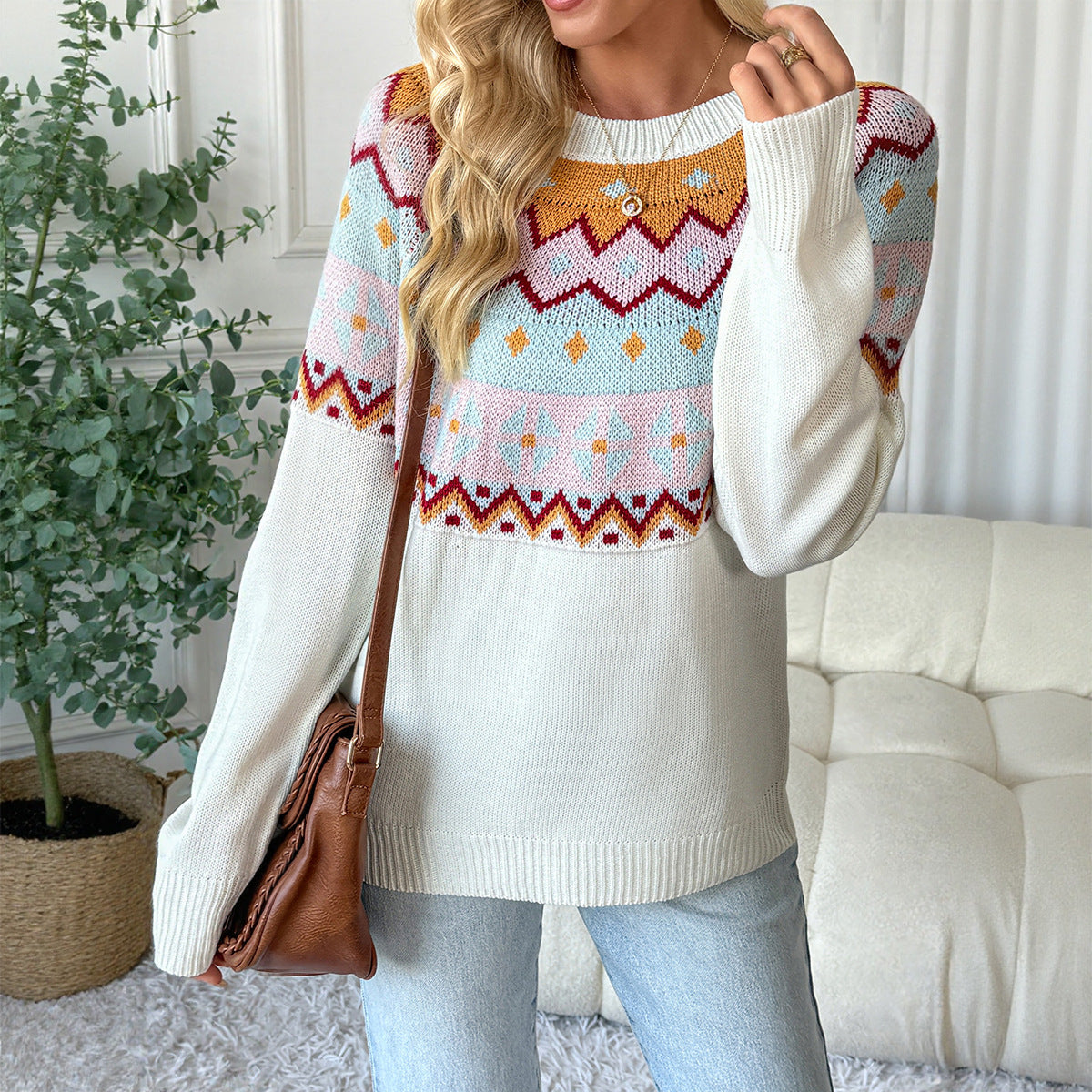 Casual ethnic style knitted sweater loose round neck sweater for women