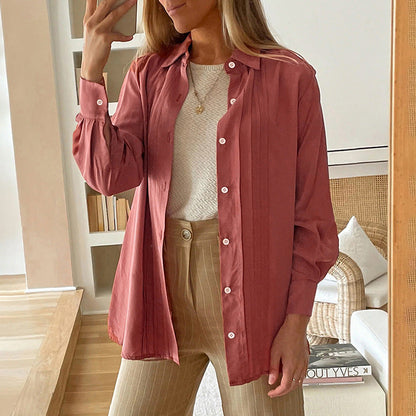 Women's collar long sleeved solid color shirt