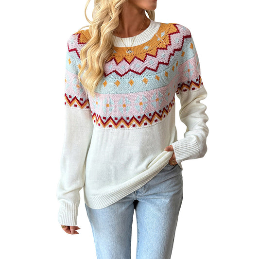 Casual ethnic style knitted sweater loose round neck sweater for women