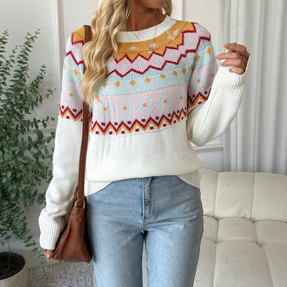 Casual ethnic style knitted sweater loose round neck sweater for women