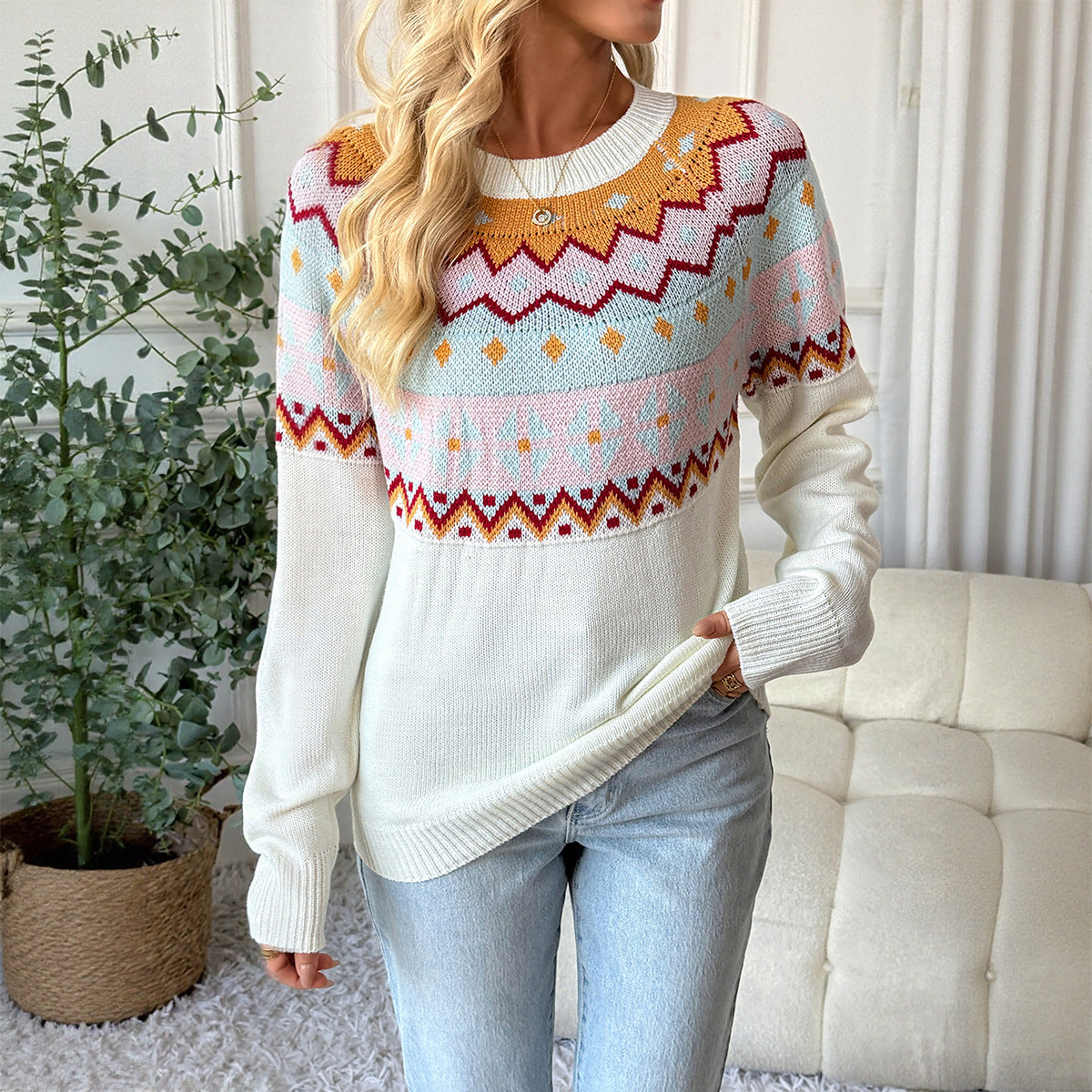 Casual ethnic style knitted sweater loose round neck sweater for women