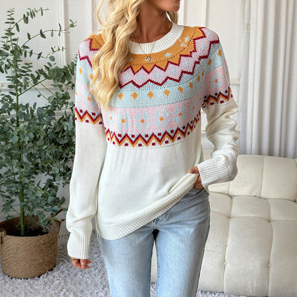 Casual ethnic style knitted sweater loose round neck sweater for women