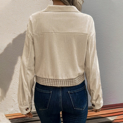 Flip collar short corduroy patchwork  women's jacket